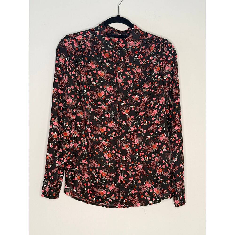 Kiabi Black Red Pink Floral Long Sleeve Button Down Shirt Size S Boho Hippie 70s
